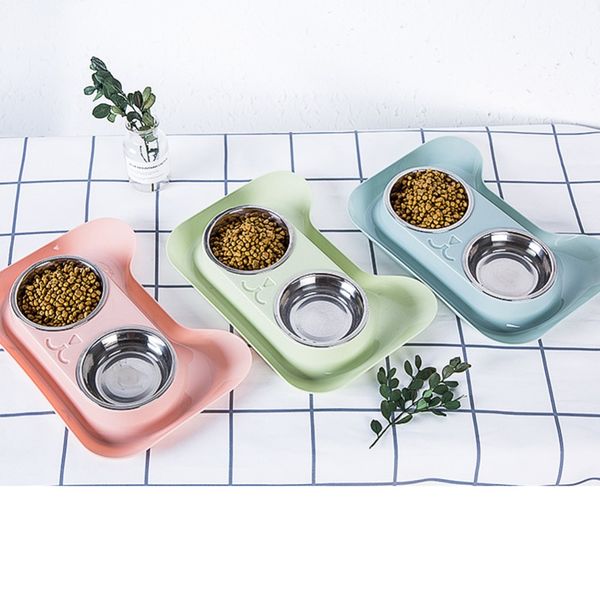 durable double stainless steel dog cat bowls with non-spill & non-skid design for pet and water elevated feeder#290914
