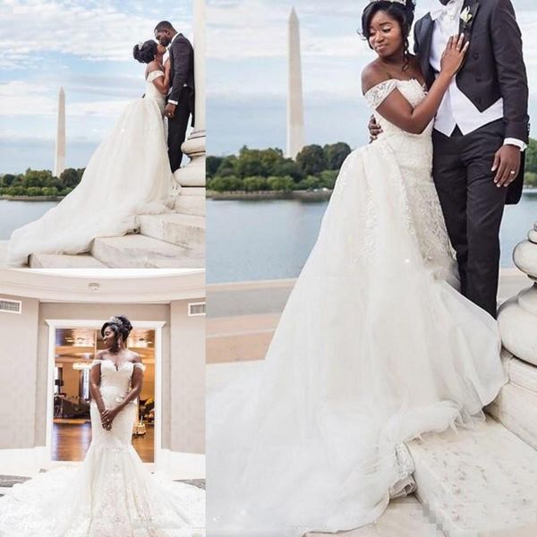 african overskirts wedding dresses off the shoulder lace appliques mermaid wedding gowns with detachable train plus size bridal dress, White
african overskirts wedding dresses off the shoulder lace appliques mermaid wedding gowns with detachable train plus size bridal dress, White