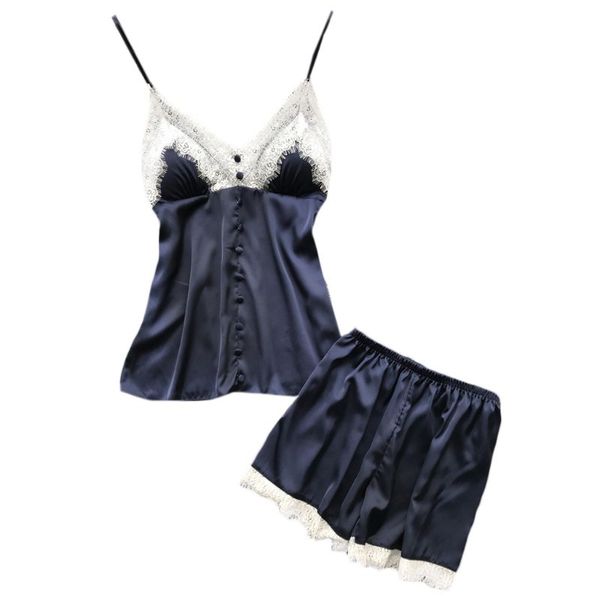 women summer pajamas set eyelash floral lace patchwork button front decor deep v-neck camisole shorts sleepwear, Blue;gray
women summer pajamas set eyelash floral lace patchwork button front decor deep v-neck camisole shorts sleepwear, Blue;gray