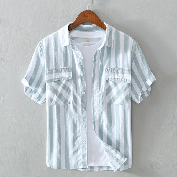 men summer new arrival short sleeve striped 3 color double chest pockets summer refreshing pure cotton comfortable casual shirts, White;black
men summer new arrival short sleeve striped 3 color double chest pockets summer refreshing pure cotton comfortable casual shirts, White;black