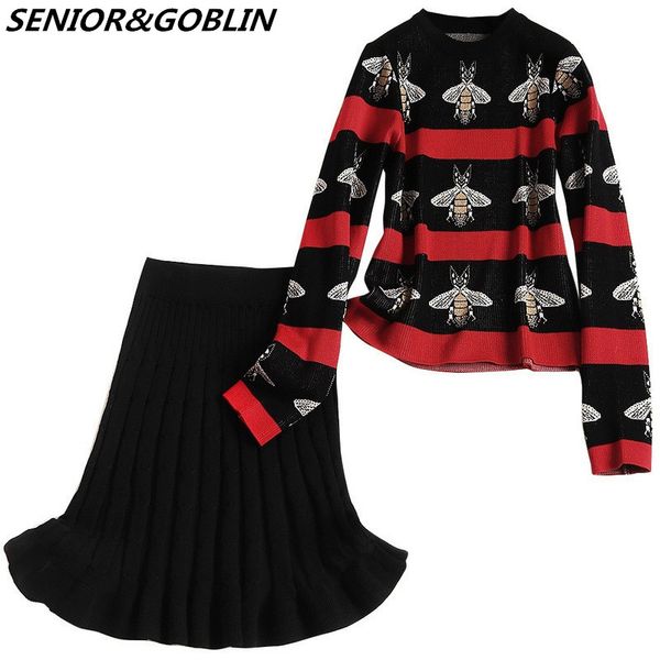 219 new fashion women 2 piece set bees jacquard knitted hit color striped pullover sweater+high waist pleated skirt suit clothes, White
219 new fashion women 2 piece set bees jacquard knitted hit color striped pullover sweater+high waist pleated skirt suit clothes, White