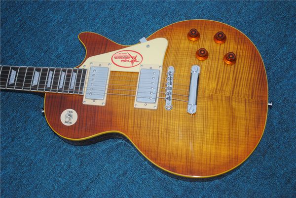 custom shop 1959 r9 big fat flame maple amber brown sunburst electric guitar yellow body binding, cream pickguard
custom shop 1959 r9 big fat flame maple amber brown sunburst electric guitar yellow body binding, cream pickguard