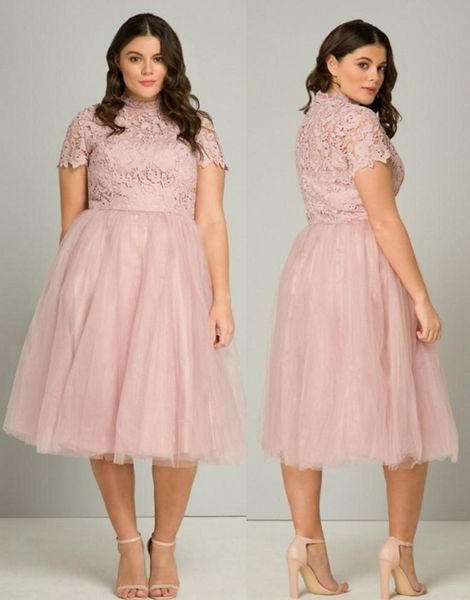 2020 tea length plus size prom dresses high neck pink lace appliqued formal evening gowns short sleeve special occasion party dress, Black
2020 tea length plus size prom dresses high neck pink lace appliqued formal evening gowns short sleeve special occasion party dress, Black