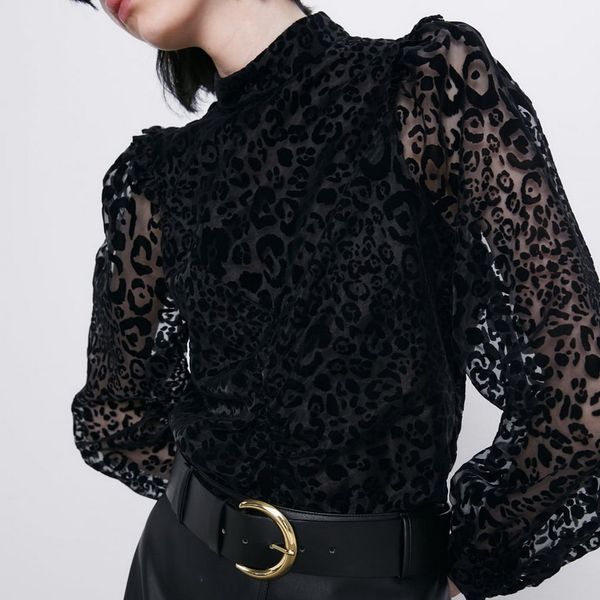 women long sleeve blouse autumn 2019 new fashion flocking leopard black shine through shirt modern lady pullover, White
women long sleeve blouse autumn 2019 new fashion flocking leopard black shine through shirt modern lady pullover, White
