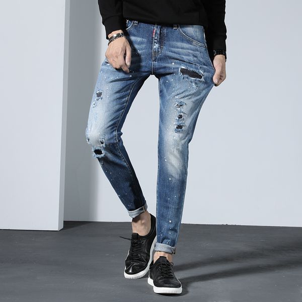 new ripped jeans for men spliced painted skinny jeans men elastic stretch slim trousers pants hip hop streetwear autumn spring, Blue
new ripped jeans for men spliced painted skinny jeans men elastic stretch slim trousers pants hip hop streetwear autumn spring, Blue