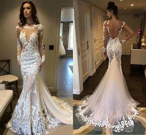 Image of New Long Sleeves Lace Mermaid Wedding Dresses Vestidos de novia Illusion Bodice 3D Flora Long Summer Vintage Full Lace Bridal Gowns Z124