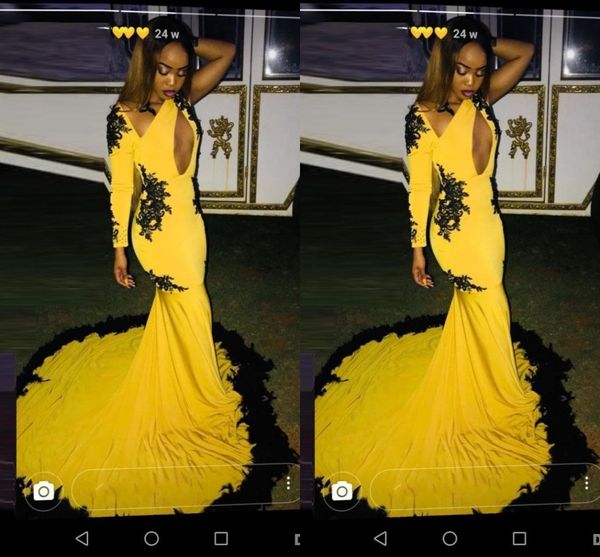african nigerian yellow mermaid prom dresses black lace applique feather satin long sleeves formal dress evening gowns vestidos de noiva
african nigerian yellow mermaid prom dresses black lace applique feather satin long sleeves formal dress evening gowns vestidos de noiva