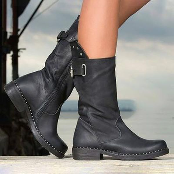 fashion women mid-calf boots high heels pu leather winter shoes plus size booties, Black