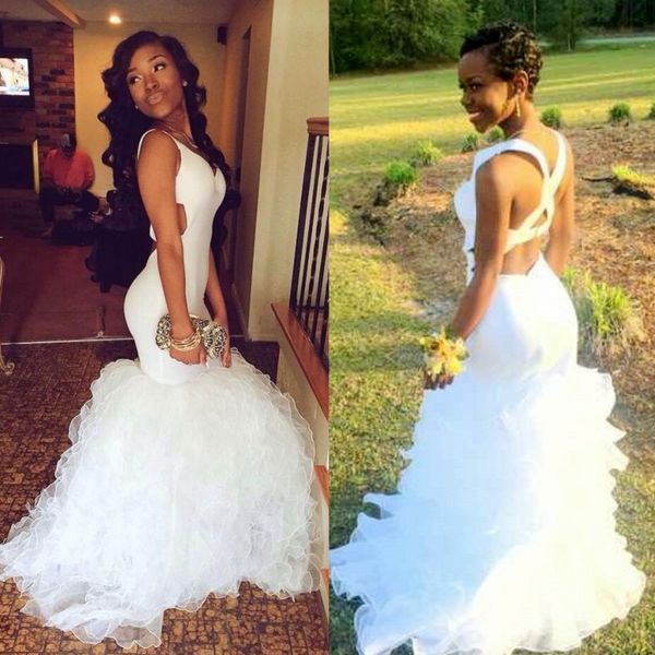 white mermaid backless prom dresses v neck plus size evening gowns ruffled organza sweep train formal dress, Black
white mermaid backless prom dresses v neck plus size evening gowns ruffled organza sweep train formal dress, Black
