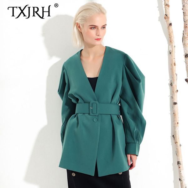 txjrh 2019 stylish temperament deep v-neck long puff sleeve jacket office work women coat outerwear with belt 3 colors, Black;brown
txjrh 2019 stylish temperament deep v-neck long puff sleeve jacket office work women coat outerwear with belt 3 colors, Black;brown
