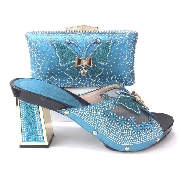 beautiful sky blue women pumps and bag with rhinestone decoration african butterfly shoes match handbag set v25899,heel 10cm, Black