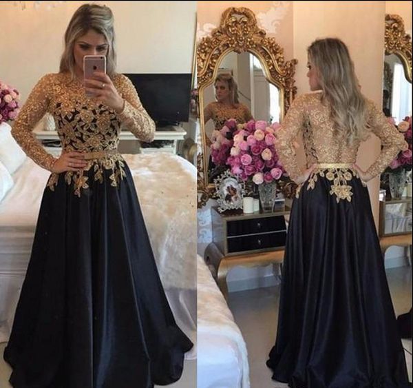 2018 long sleeves prom dresses with gold lace appliqued beaded satin prom gowns long arabic dubai evening party dress covered buttons, Black
2018 long sleeves prom dresses with gold lace appliqued beaded satin prom gowns long arabic dubai evening party dress covered buttons, Black