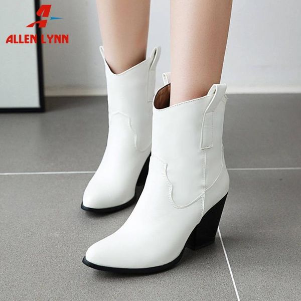

allen fashion brand lady casaul office slip on shoes woman chunky heels pointed toe black boots women western boots