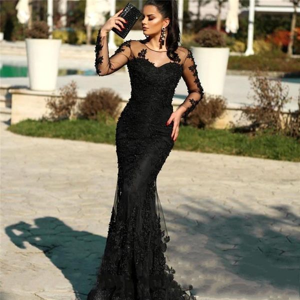 vintage black long sleeves lace mermaid evening dresses 2020 with beads appliques sweep train formal prom party gowns, Black;red
vintage black long sleeves lace mermaid evening dresses 2020 with beads appliques sweep train formal prom party gowns, Black;red