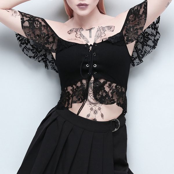 punk black lace t-shirts mesh hollow out hole crop gothic backless bandage slash neck t-shirt afc415, White
punk black lace t-shirts mesh hollow out hole crop gothic backless bandage slash neck t-shirt afc415, White