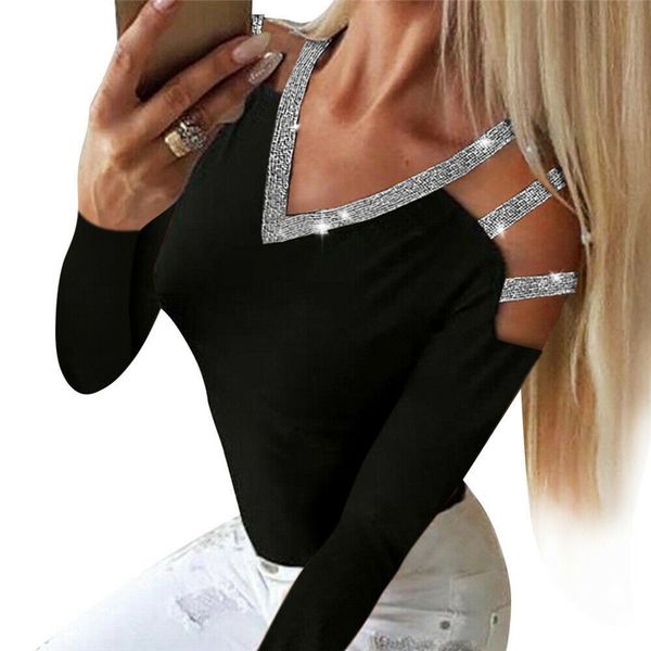 women's daily t-shirt 2020 fashion solid colored black women explosion models sequined v-neck long-sleeved t-shirt, White
women's daily t-shirt 2020 fashion solid colored black women explosion models sequined v-neck long-sleeved t-shirt, White