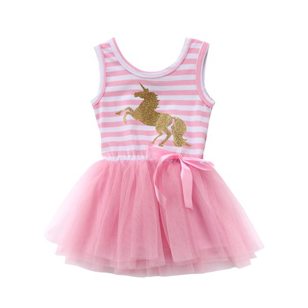 

pudcoco 2019 pretty little girl baby unicorn dress summer sleeveless striped pink mesh tulle party wedding tutu summer dress, Red;yellow