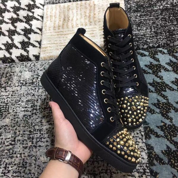luxury designer women men gold studs sneakers,elegant red bottom casual high man party wedding casual walking with box, Black
luxury designer women men gold studs sneakers,elegant red bottom casual high man party wedding casual walking with box, Black