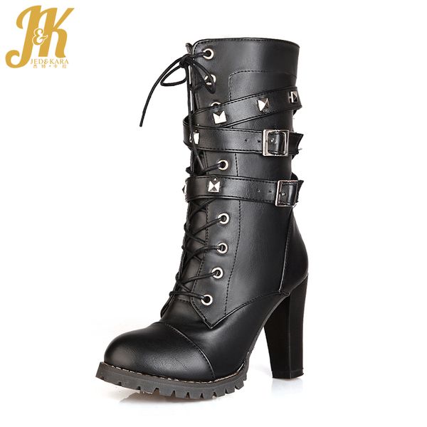 jk high heels mid calf boots women winter motorcycle boots fashion buckle strap shoes female rivet zipper platform punk footwear, Black 
jk high heels mid calf boots women winter motorcycle boots fashion buckle strap shoes female rivet zipper platform punk footwear, Black