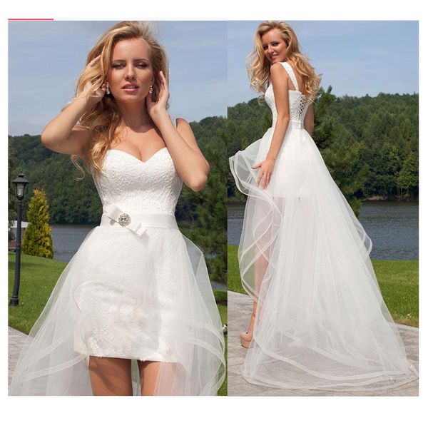 2019 spaghetti straps lace short sheath wedding dresses ruched knee length short bohemia bridal wedding gowns with detachable tulle skirt, White
2019 spaghetti straps lace short sheath wedding dresses ruched knee length short bohemia bridal wedding gowns with detachable tulle skirt, White