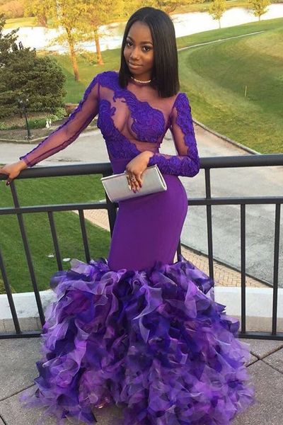 sheer african black girls purple long sleeve prom dresses mermaid ruffles floor length long evening party gowns, Black;red
sheer african black girls purple long sleeve prom dresses mermaid ruffles floor length long evening party gowns, Black;red