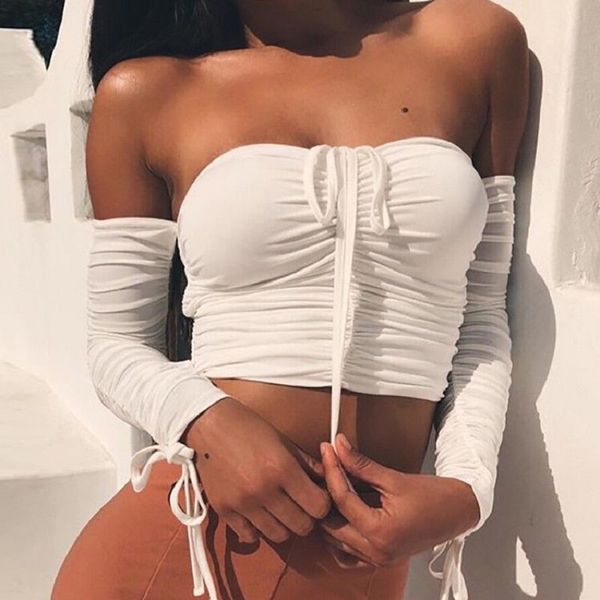 

MarchWind Brand Designer Sexy Fashion Women's Off Shoulder Bandage Clubwear New Summer Crop Tops Skinny Ruched Solid Casual Tee Tank To