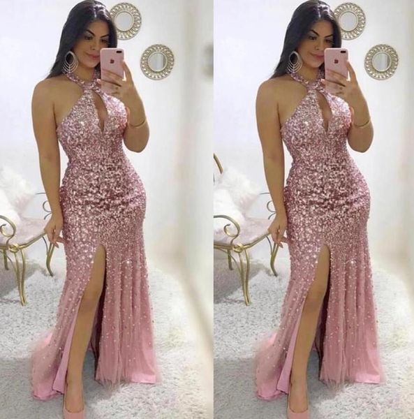blush pink sheath 2020 prom dresses major beading slit front formal evening gowns halter neck key hole neckline floor length party pageant, Black
blush pink sheath 2020 prom dresses major beading slit front formal evening gowns halter neck key hole neckline floor length party pageant, Black