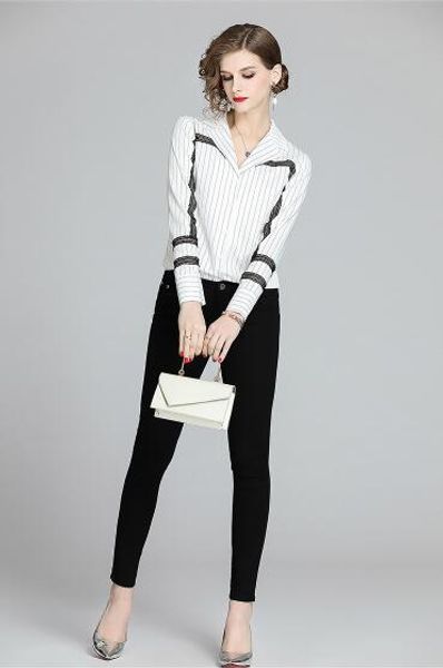 european new women's fashion stripe splicing character lace hollow long sleeve shirt, White
european new women's fashion stripe splicing character lace hollow long sleeve shirt, White