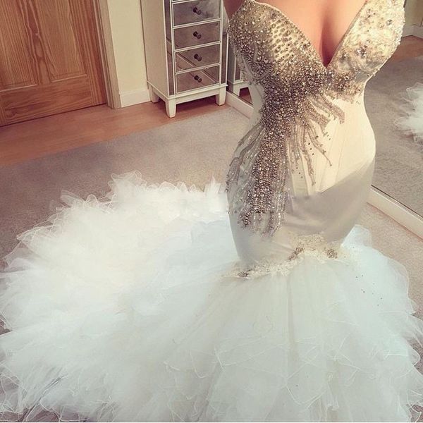 sparkly crystal mermaid wedding dresses spaghetti straps beaded corset organza ruffles country bridal gowns bling slim robe de mariée, White
sparkly crystal mermaid wedding dresses spaghetti straps beaded corset organza ruffles country bridal gowns bling slim robe de mariée, White