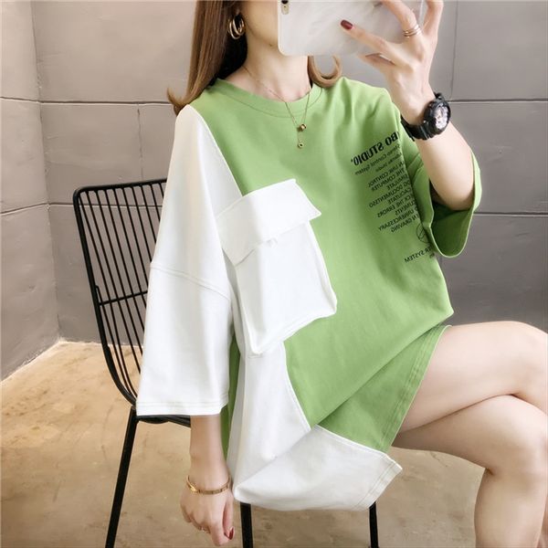 three-dimensional pocket contrast color short-sleeved t-shirt women's loose large size women's mid-length versatile student half s, White 
three-dimensional pocket contrast color short-sleeved t-shirt women's loose large size women's mid-length versatile student half s, White