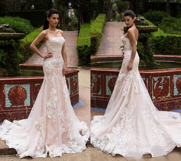 2020 classy champagne lace mermaid wedding dresses strapless appliques with pearls ruffles country wedding dress chapel traini, White
2020 classy champagne lace mermaid wedding dresses strapless appliques with pearls ruffles country wedding dress chapel traini, White