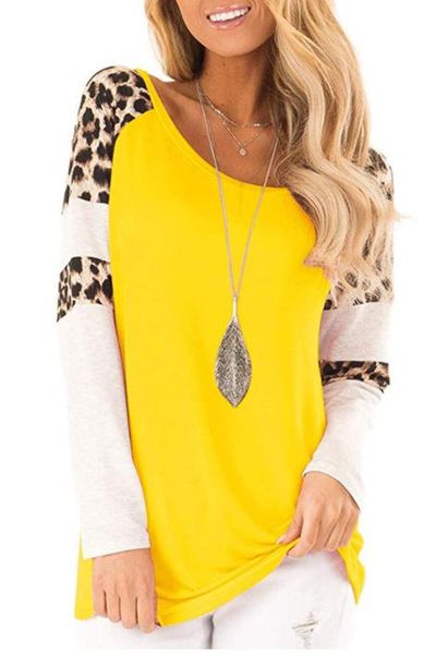 o-neck spring autumn casual women leopard patchwork tshirts long sleeved, White 
o-neck spring autumn casual women leopard patchwork tshirts long sleeved, White