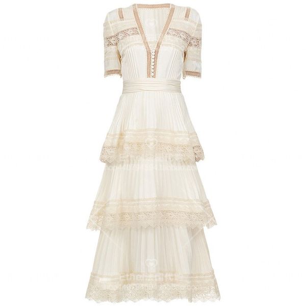 2020 runway women v-neck short sleeve hollow out pleated layer high quatily dress lace patchwork chiffon mid calf dresses, White
2020 runway women v-neck short sleeve hollow out pleated layer high quatily dress lace patchwork chiffon mid calf dresses, White