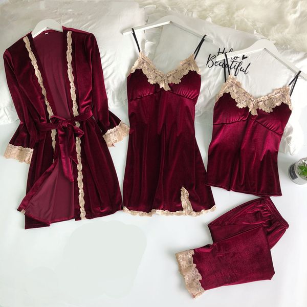 velvet 4 piece lace pajama sets ladies v neck + long pants bath robe set night wear women sleeveless nightwear, Blue;gray
velvet 4 piece lace pajama sets ladies v neck + long pants bath robe set night wear women sleeveless nightwear, Blue;gray
