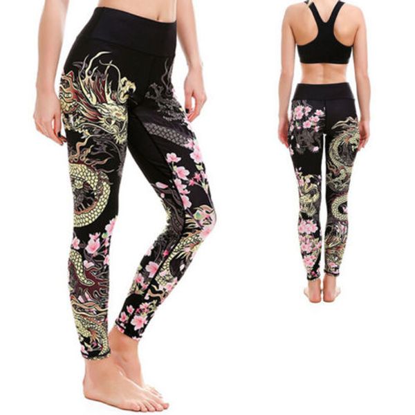 women high waist fitness dragon floral print pants smooth slim stretchy fitness clothes, Black
women high waist fitness dragon floral print pants smooth slim stretchy fitness clothes, Black