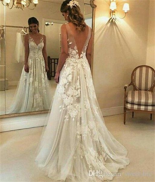 2020 elegant sheer bodice bridal gown lace applique deep v-neck beach party bride dress a line backless wedding dresses, White
2020 elegant sheer bodice bridal gown lace applique deep v-neck beach party bride dress a line backless wedding dresses, White