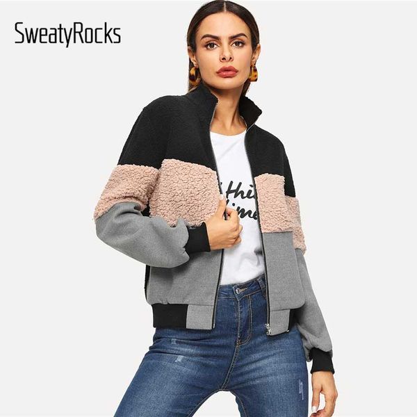 sweatyrocks colorblock mixed media teddy jacket stand collar zip up thicken outerwears 2018 autumn winter women streetwear coats, Black;brown
sweatyrocks colorblock mixed media teddy jacket stand collar zip up thicken outerwears 2018 autumn winter women streetwear coats, Black;brown