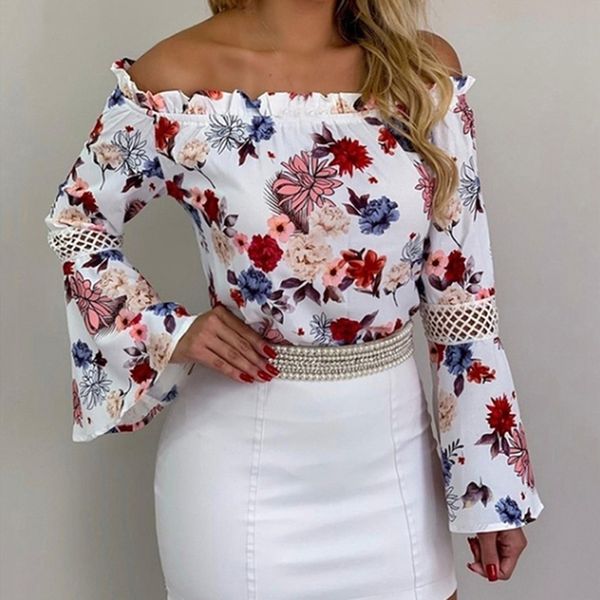 women's blouses & shirts neck off shoulder summer floral print flare sleeve blusas ruffles boho elegant femme, White
women's blouses & shirts neck off shoulder summer floral print flare sleeve blusas ruffles boho elegant femme, White