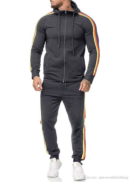mens designer tracksuits fashion rainbow color striped long sleeve 2pcs sets casual mens plus size suits, Gray 
mens designer tracksuits fashion rainbow color striped long sleeve 2pcs sets casual mens plus size suits, Gray