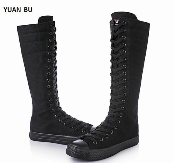 women boots 2018 spring high long tube cheerleaders dance shoes front tie side zipper canvas casual female flat with shoes, Black
women boots 2018 spring high long tube cheerleaders dance shoes front tie side zipper canvas casual female flat with shoes, Black