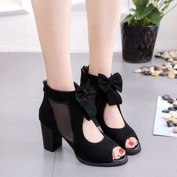 2019 spring new fish mouth bow female sandals breathable thick high-heeled roman women's shoes, Black 
2019 spring new fish mouth bow female sandals breathable thick high-heeled roman women's shoes, Black