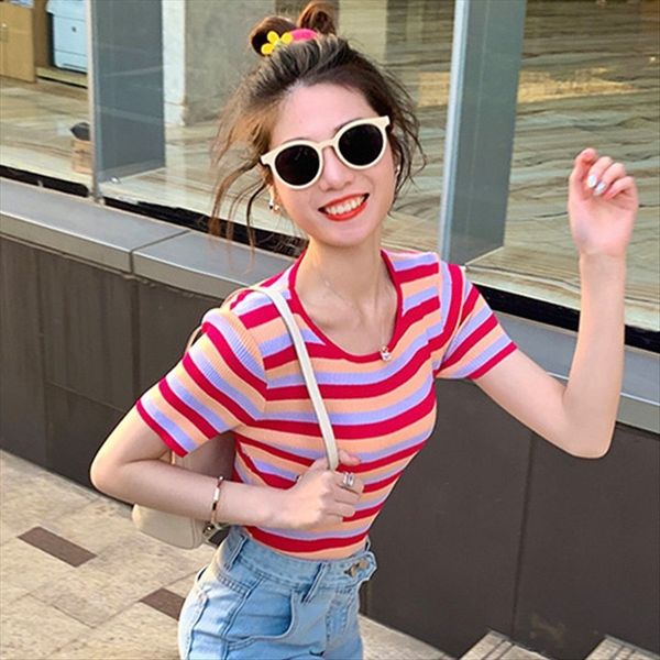 2020 girlish rainbow stripe knitted slim thin round collar short sleeve 2020 girlish rainbow stripe knitted slim thin round collar short, White
2020 girlish rainbow stripe knitted slim thin round collar short sleeve 2020 girlish rainbow stripe knitted slim thin round collar short, White