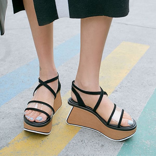 womens peep toe clear transparent pvc cross belt ankle buckle sandals platform wedge high heel shoes leather slingback c761, Black
womens peep toe clear transparent pvc cross belt ankle buckle sandals platform wedge high heel shoes leather slingback c761, Black