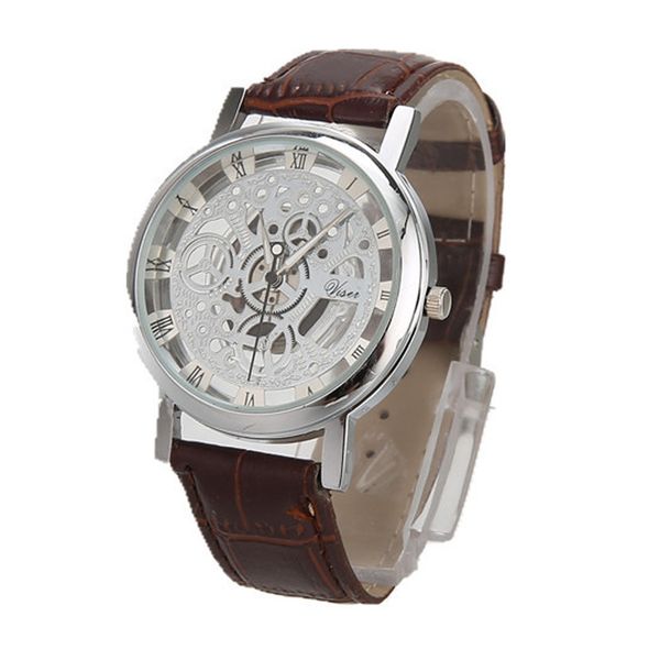 men luxury stainless steel quartz sport leather band dial wrist watch hollow engraving wristwatch leather band clock, Slivery;brown
men luxury stainless steel quartz sport leather band dial wrist watch hollow engraving wristwatch leather band clock, Slivery;brown