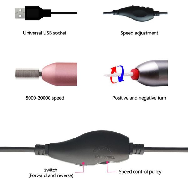 usb electric manicure nail drill tools low noise with 6 grinding heads + 6 drill bits, Silver
usb electric manicure nail drill tools low noise with 6 grinding heads + 6 drill bits, Silver