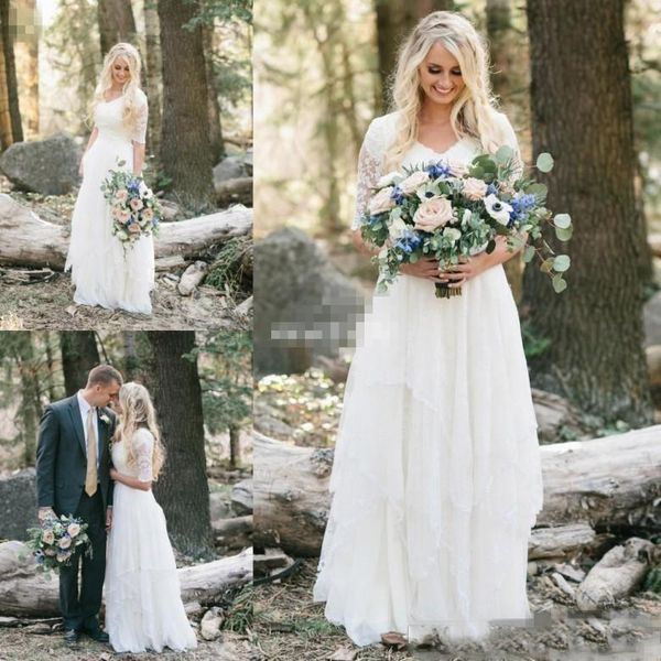 western country wedding dresses lace chiffon modest v neck half sleeves long bohemian bridal gowns plus size robe de mariée en dentelle, White
western country wedding dresses lace chiffon modest v neck half sleeves long bohemian bridal gowns plus size robe de mariée en dentelle, White