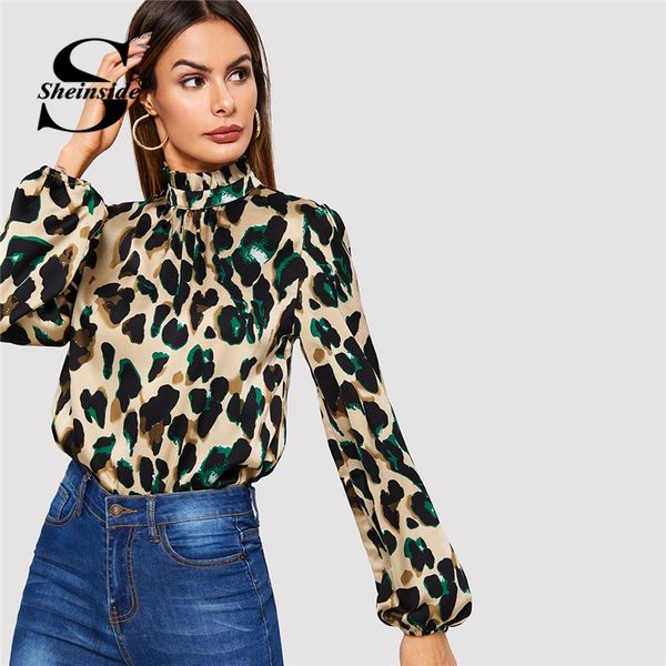 

sheinside bishop sleeve frill neck leopard blouse women shirts long sleeve female work 2019 fall elegant womens blouses, White