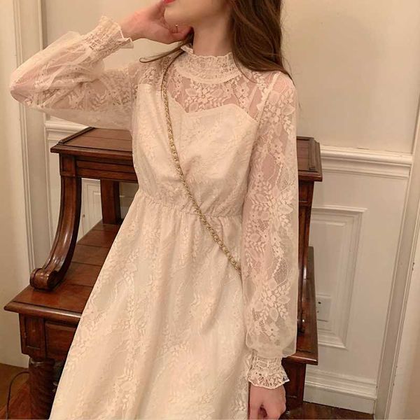women spring flower lace perspective long dress elegant flare sleeve high elastic waist a-line stand collar, Black;gray
women spring flower lace perspective long dress elegant flare sleeve high elastic waist a-line stand collar, Black;gray