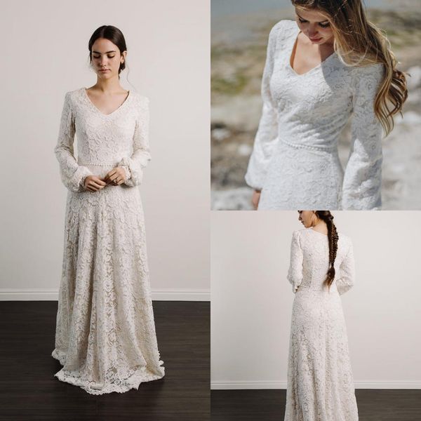 modest lace wedding dresses v neck long sleeves full length beach boho bridal gowns with beaded belt or guest robe de mariée, White
modest lace wedding dresses v neck long sleeves full length beach boho bridal gowns with beaded belt or guest robe de mariée, White