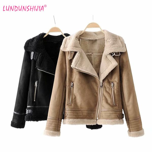 

lundunshijia 2018 winter high -quality jacket women's suede lamb keep warm wool motorcyclepels coat female thicker jacket, Black;brown